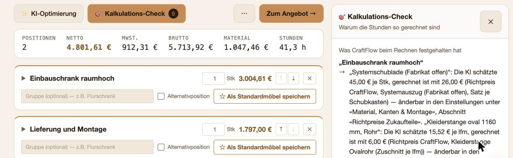 Kalkulation des Einbauschranks mit zwei Positionen, daneben der geöffnete Kalkulations-Check