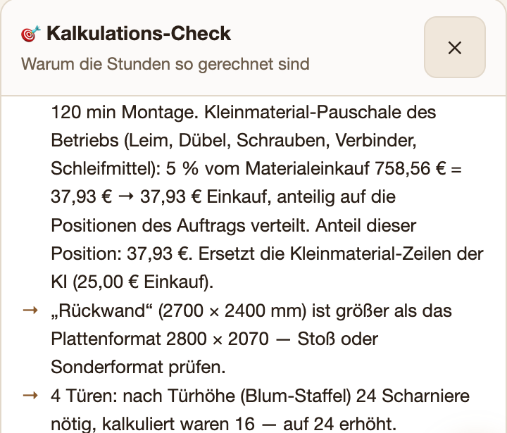 Kalkulations-Check: Rückwand größer als das Plattenformat, 24 statt 16 Scharniere, Zuschlag für Passleisten