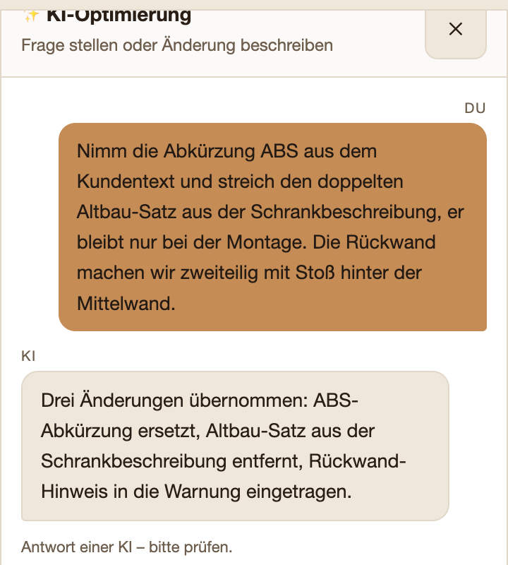 KI-Optimierung: die Anweisung des Schreiners und die Antwort „Drei Änderungen übernommen“