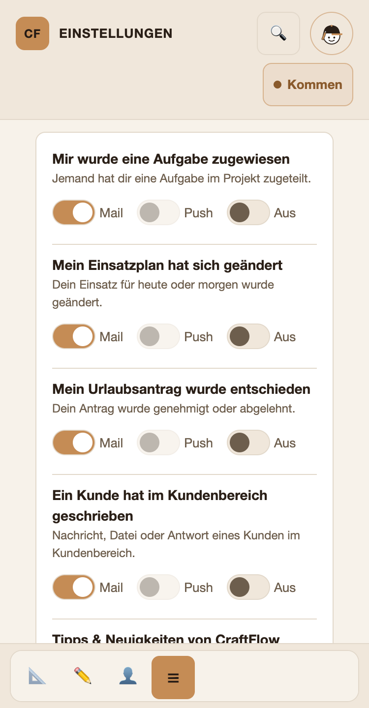 Für jede Art einzeln: Mail und/oder Push – oder Aus