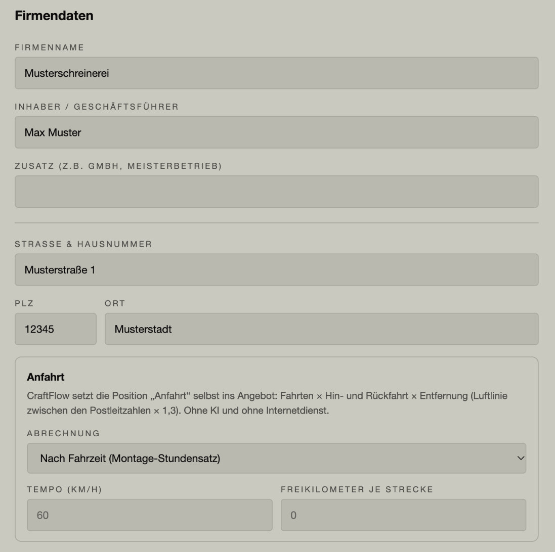 Firmendaten hinterlegen