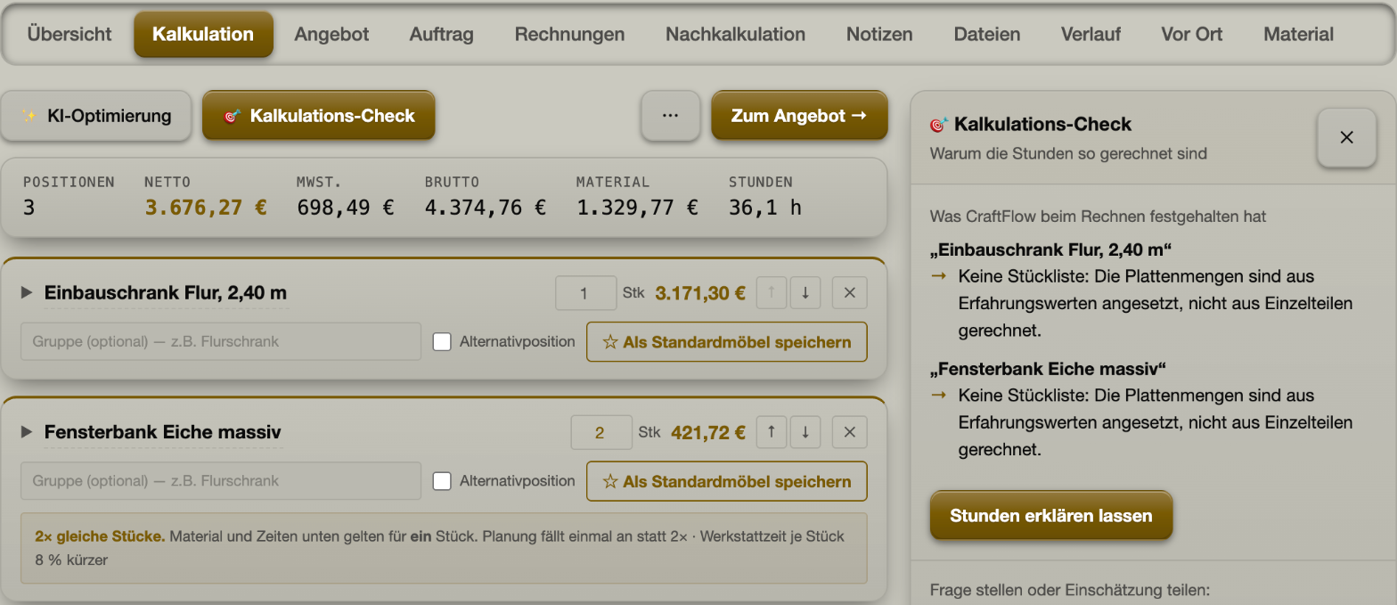 Die Kalkulation als Reiter im Projekt