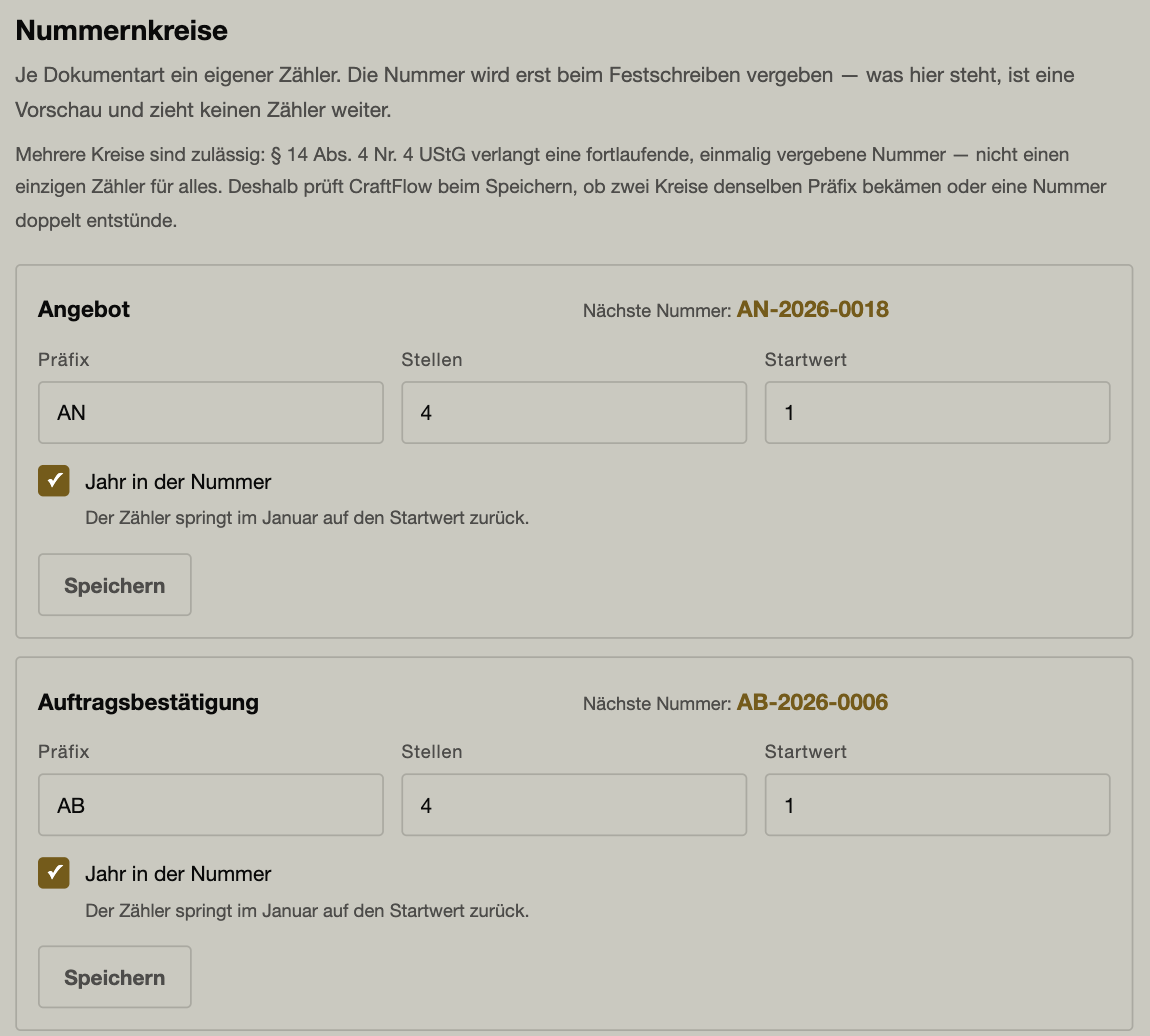 Deine Nummern für Angebot, Auftrag und Rechnung