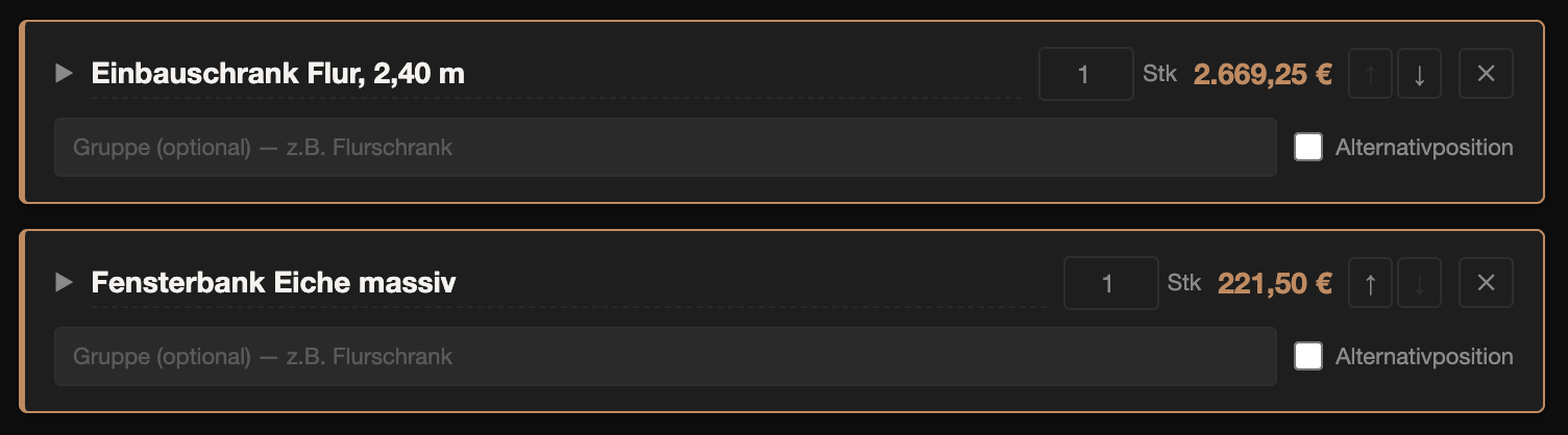 Die Reihenfolge der Positionen ändern